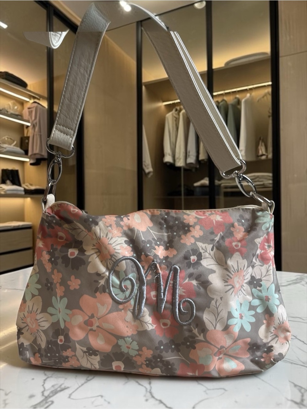 Gray Floral Shoulder Bag with Coral & Mint Accents with "M" Monogram